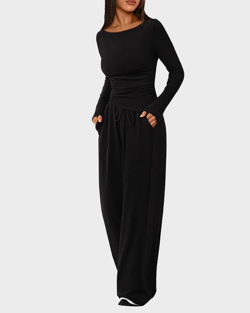 Long Sleeve Tee & Wide Leg Pants 2 Piece Lounge Set - view 6