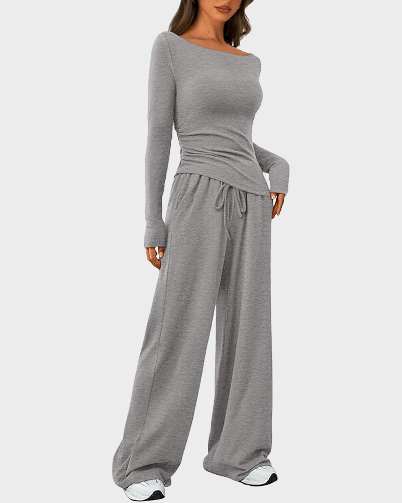 Long Sleeve Tee & Wide Leg Pants 2 Piece Lounge Set - view 2