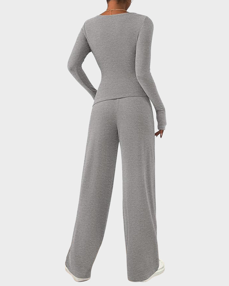 Long Sleeve Tee & Wide Leg Pants 2 Piece Lounge Set - view 3