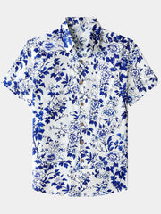 Men’s Blue Floral Short Sleeve Button Down Breathable Cool Casual Summer Shirt