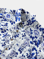 Men’s Blue Floral Short Sleeve Button Down Breathable Cool Casual Summer Shirt