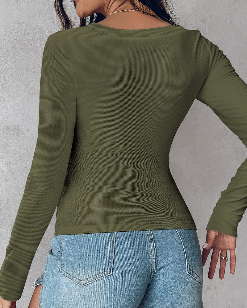 Long Sleeve Ribbed Fitted Top with Built-In Bra - view 5