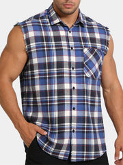 Men's Casual Blue Plaid Sleeveless Beach Shirt