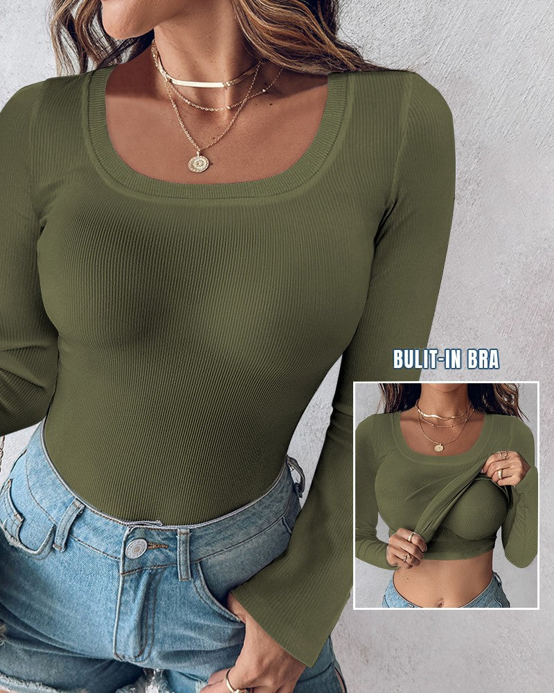 Long Sleeve Ribbed Fitted Top with Built-In Bra - view 4
