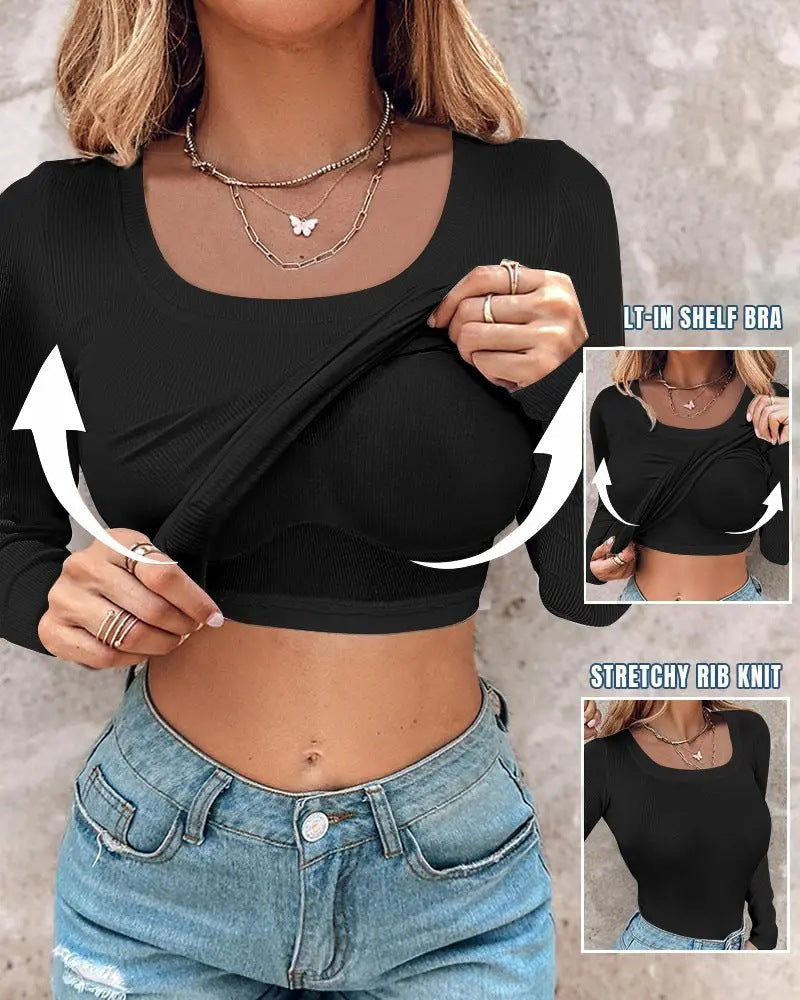 Long Sleeve Ribbed Fitted Top with Built-In Bra - view 3