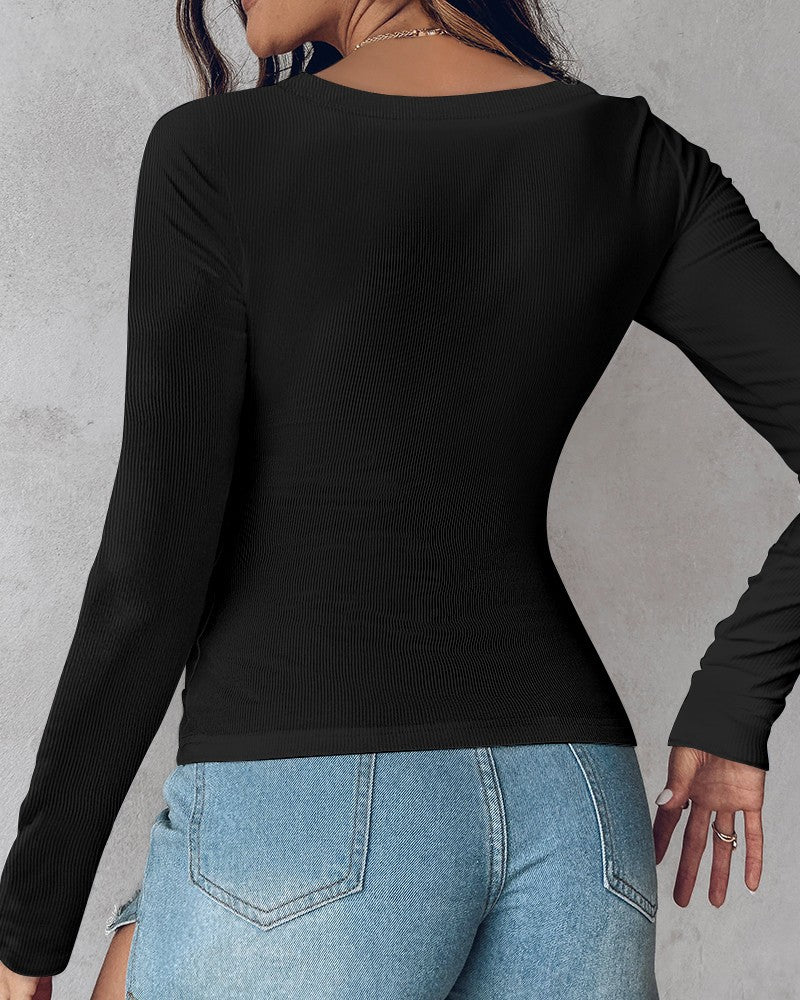 Long Sleeve Ribbed Fitted Top with Built-In Bra - view 2