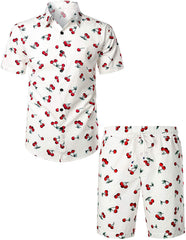 Men's Lemon Print Cotton Tropical Fruit Hawaiian Shirt and Shorts Set