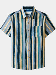 Men’s Retro Multi Color Striped Cotton Cool Comfort Beach Party Holiday Short Sleeve Shirt