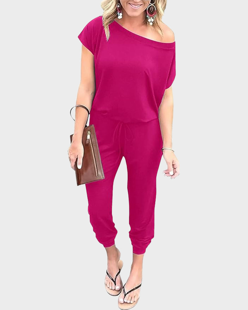 Off-Shoulder Short Sleeve Beam Foot Jumpsuit - view 7