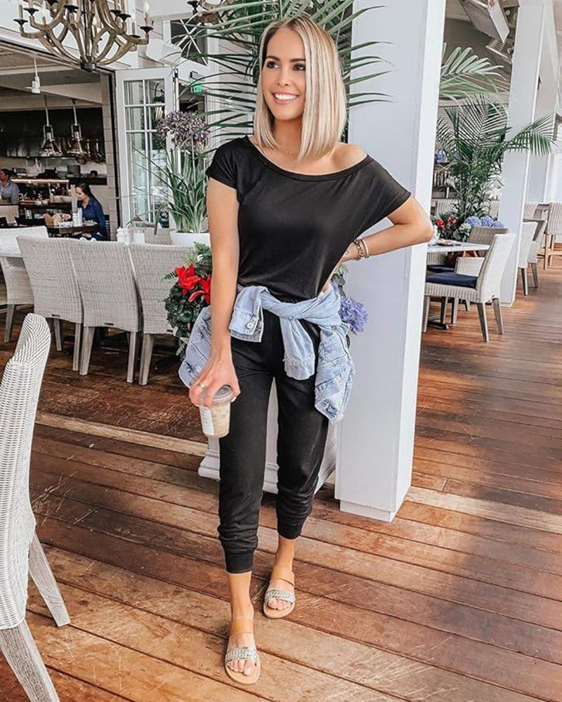 Off-Shoulder Short Sleeve Beam Foot Jumpsuit - view 4
