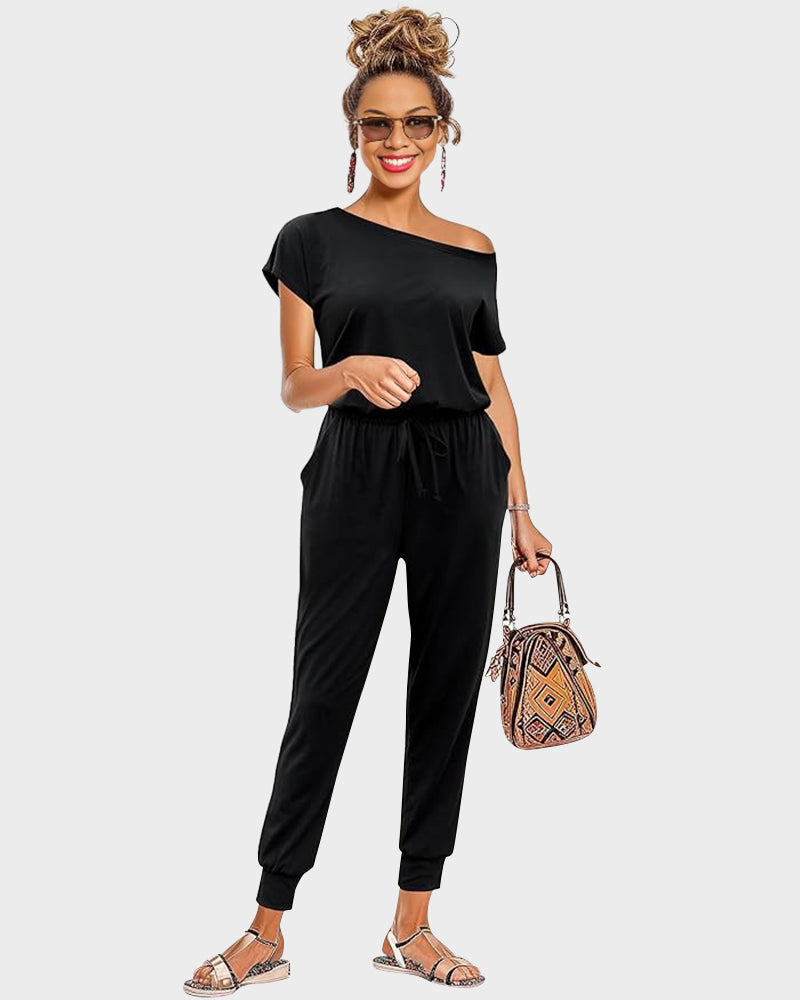 Off-Shoulder Short Sleeve Beam Foot Jumpsuit - view 5