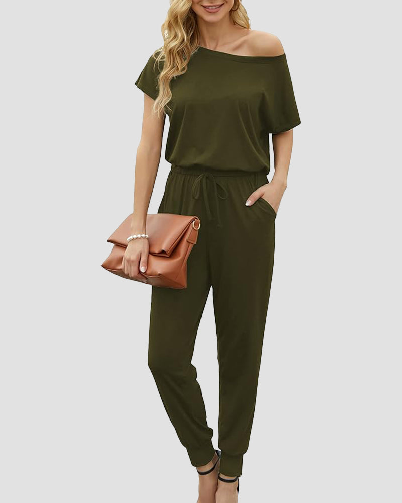 Off-Shoulder Short Sleeve Beam Foot Jumpsuit - view 15