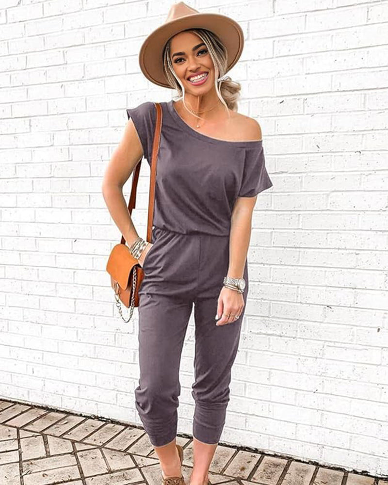 Off-Shoulder Short Sleeve Beam Foot Jumpsuit - view 11