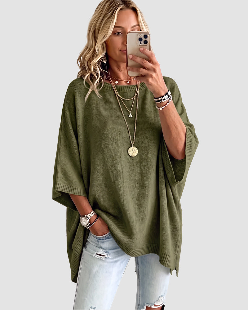 Oversized Crewneck Batwing-Sleeve Knit Sweater - view 12