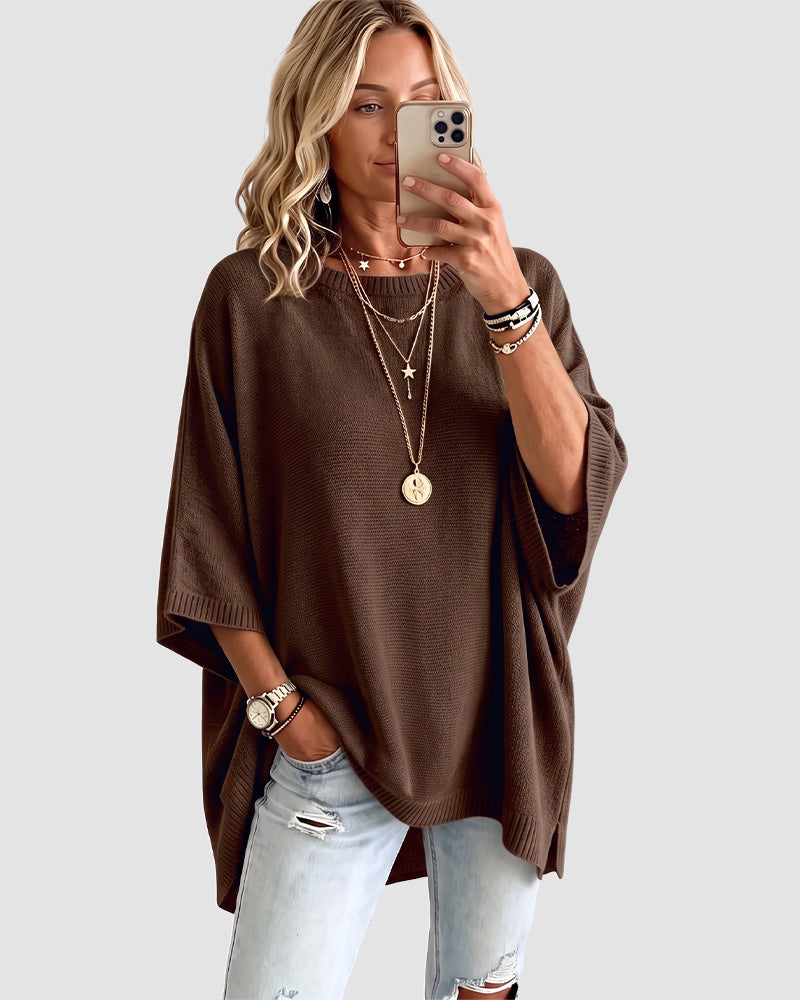 Oversized Crewneck Batwing-Sleeve Knit Sweater - view 2