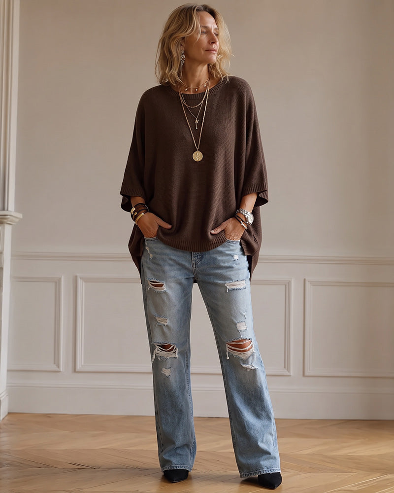 Oversized Crewneck Batwing-Sleeve Knit Sweater - view 3