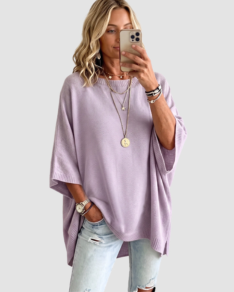 Oversized Crewneck Batwing-Sleeve Knit Sweater - view 5