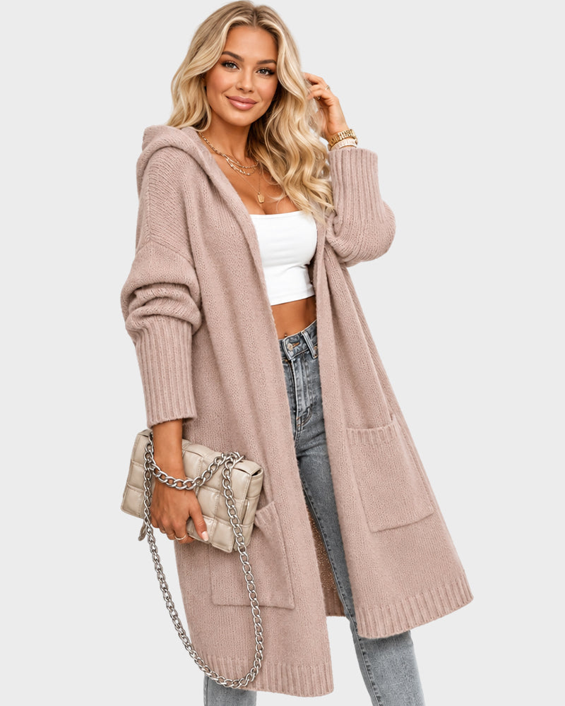Oversized Hooded Longline Knit Cardigan with Pockets - view 4