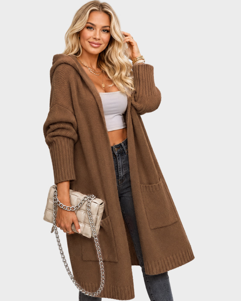 Oversized Hooded Longline Knit Cardigan with Pockets - view 14