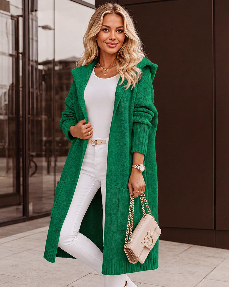 Oversized Hooded Longline Knit Cardigan with Pockets - view 2