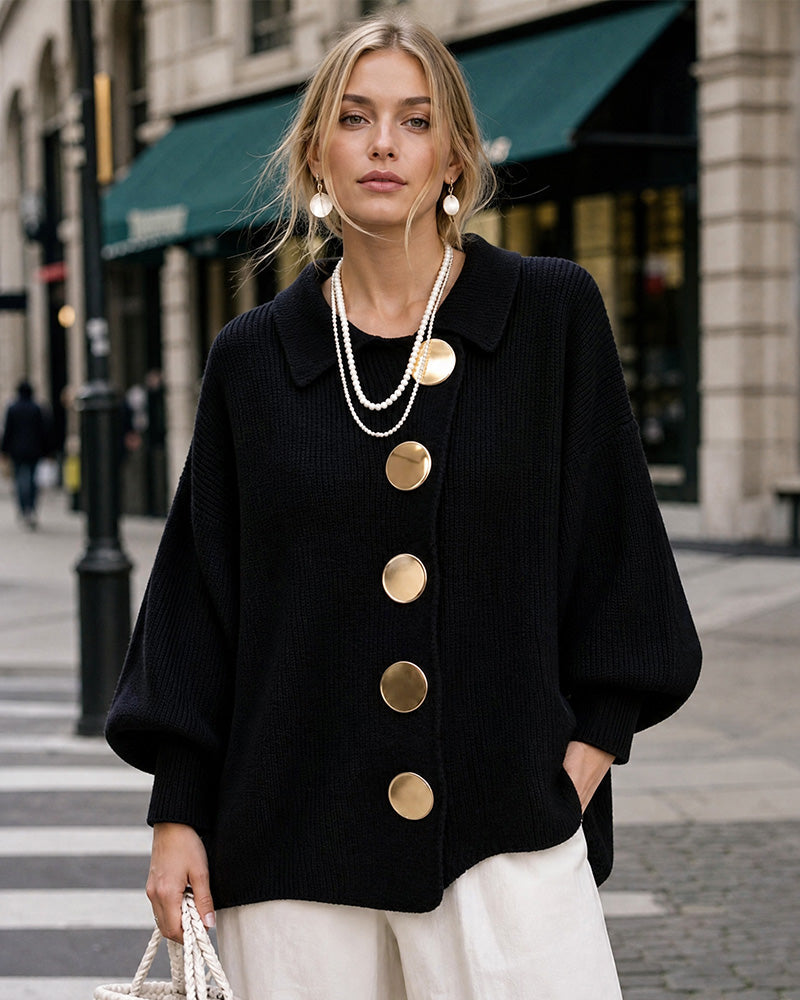 Oversized Ribbed Knit Cardigan with Gold-Tone Buttons - view 8