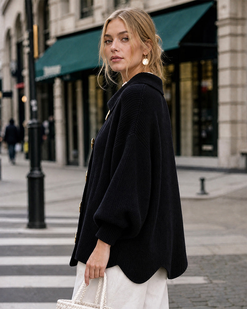 Oversized Ribbed Knit Cardigan with Gold-Tone Buttons - view 9