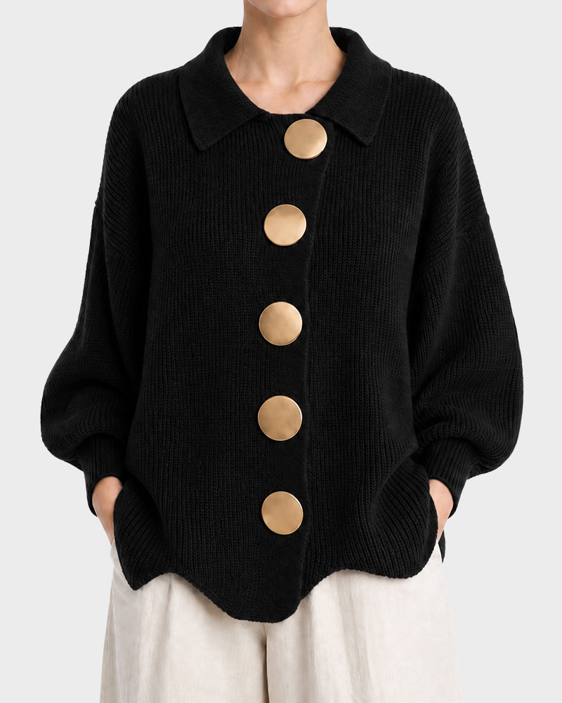 Oversized Ribbed Knit Cardigan with Gold-Tone Buttons - view 16