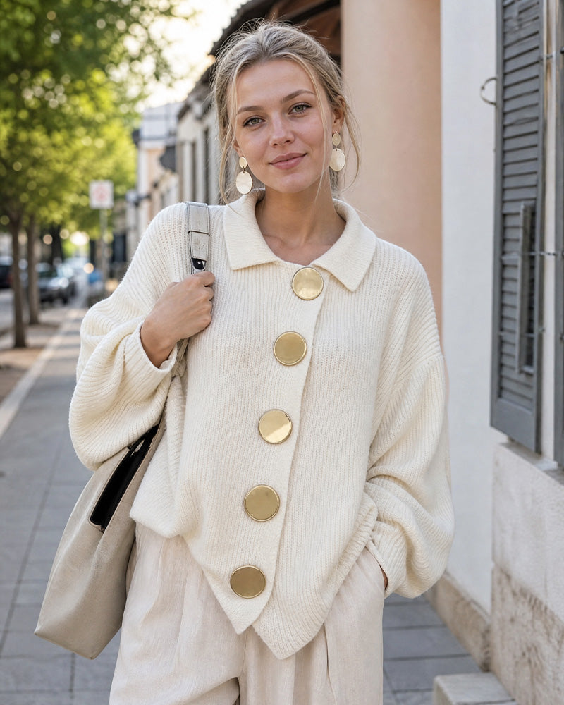 Oversized Ribbed Knit Cardigan with Gold-Tone Buttons - view 2