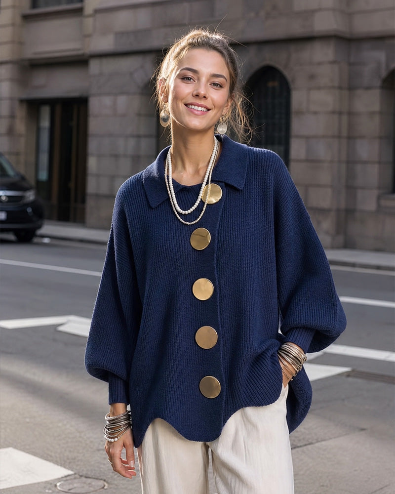 Oversized Ribbed Knit Cardigan with Gold-Tone Buttons - view 11