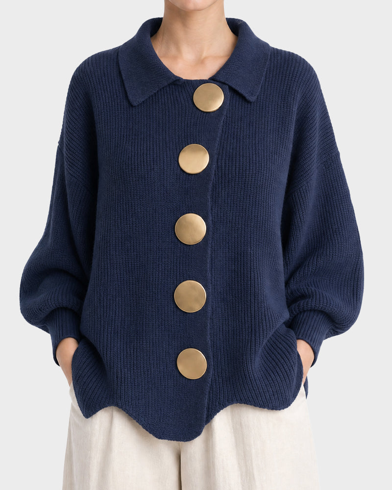 Oversized Ribbed Knit Cardigan with Gold-Tone Buttons - view 17