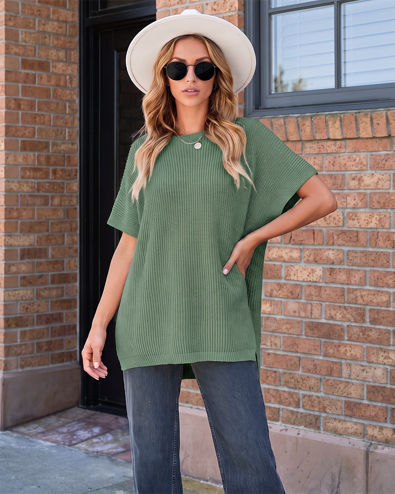 Oversized Ribbed Knit Side-Slit Sweater Top - view 7