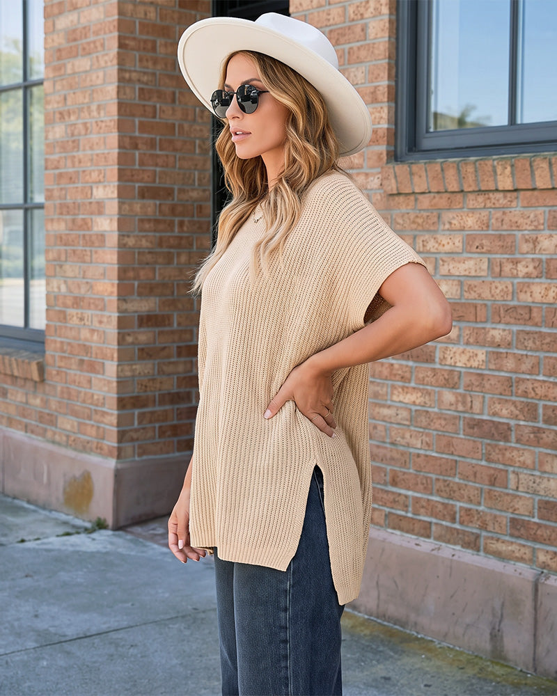 Oversized Ribbed Knit Side-Slit Sweater Top - view 2
