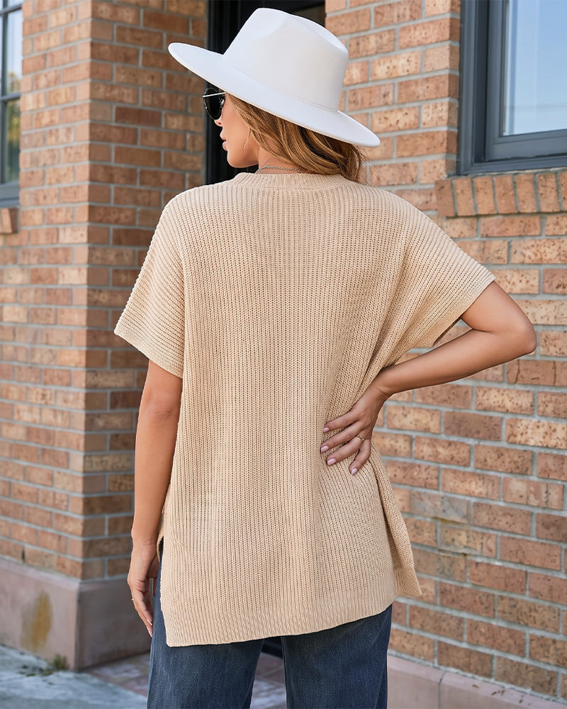 Oversized Ribbed Knit Side-Slit Sweater Top - view 3