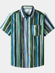 Men’s Casual Striped Pattern Button Down Cotton Breathable Cool Vacation Short Sleeve Shirt