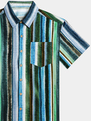 Men’s Casual Striped Pattern Button Down Cotton Breathable Cool Vacation Short Sleeve Shirt