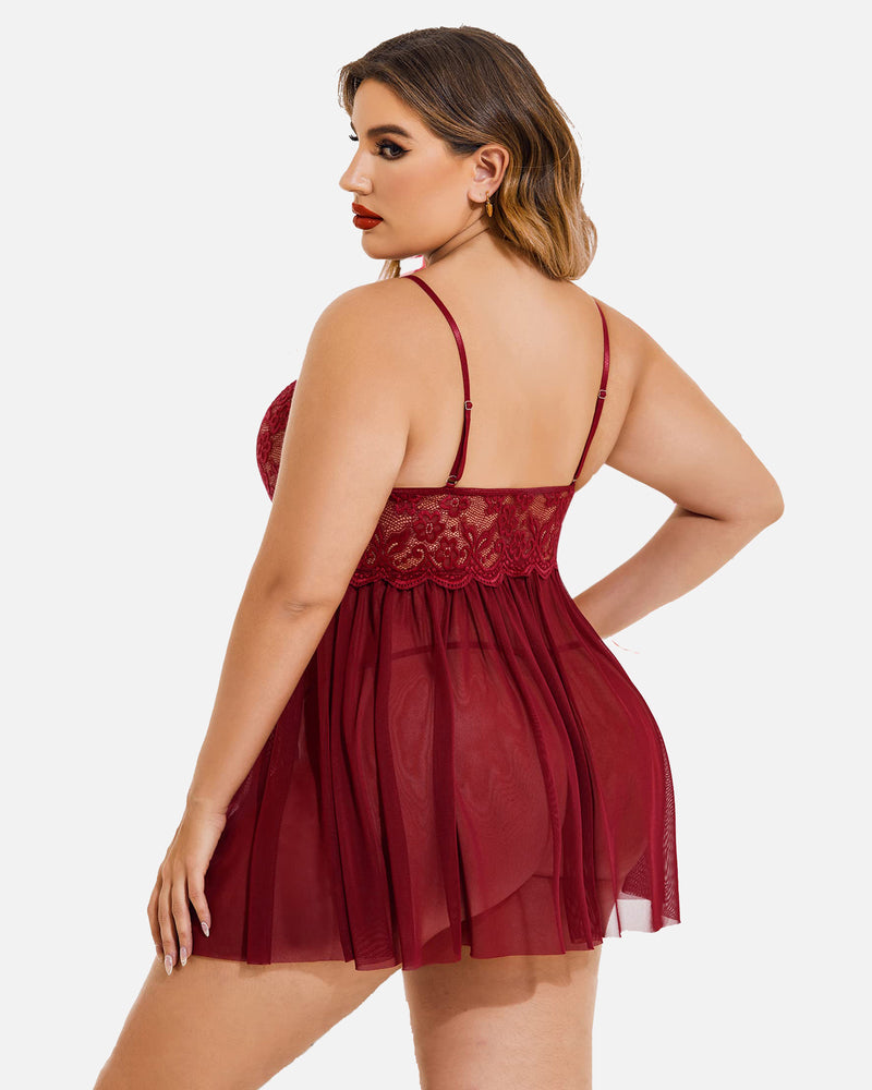 Plus Size V Neck Mesh Side Slit Babydolls - view 9