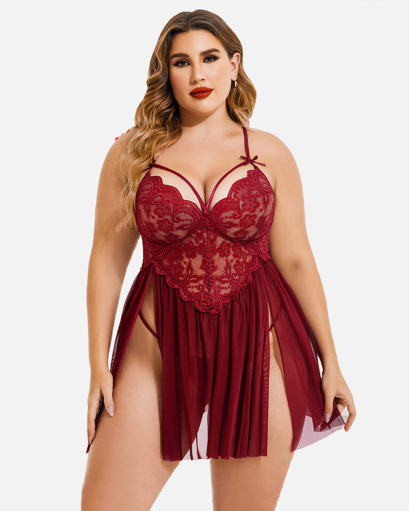 Plus Size V Neck Mesh Side Slit Babydolls - view 7