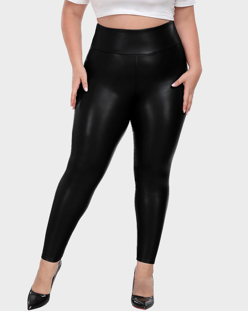 Plus Size High-Waist Fleece Lined Faux Leather Leggings - view 3