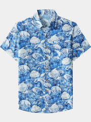 Men’s Seashell Hawaiian Print Cotton Breathable Cool Resort Vacation Short Sleeve Shirt