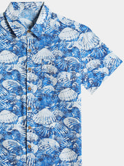 Men’s Seashell Hawaiian Print Cotton Breathable Cool Resort Vacation Short Sleeve Shirt