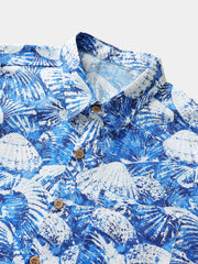 Men’s Seashell Hawaiian Print Cotton Breathable Cool Resort Vacation Short Sleeve Shirt