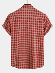 Men's Check Print Cotton Pocket Short Sleeve Shirt
