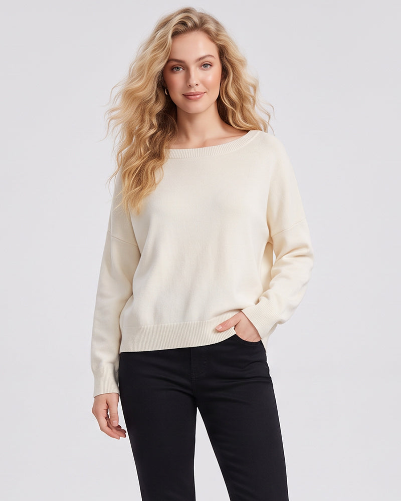Relaxed Wide Scoop-Neck Drop-Shoulder Knit Sweater - view 4