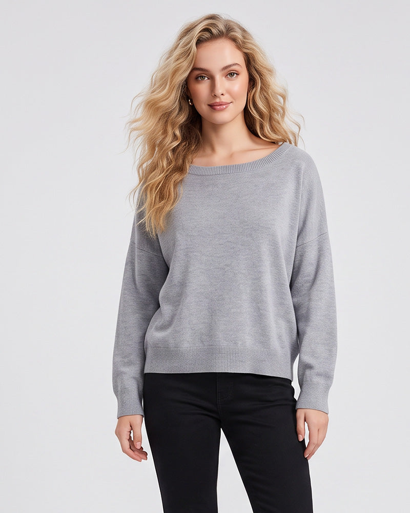 Relaxed Wide Scoop-Neck Drop-Shoulder Knit Sweater - view 9