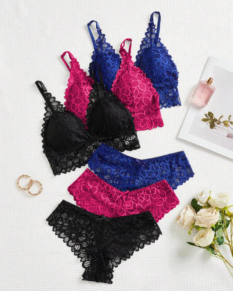 Romantic Lace Triangle Bra & Panty Lingerie Set(3 Pack) - view 15