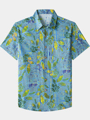 Men’s Camp Barbecue Retro Leaf Pattern Cotton Short Sleeve Breathable Shirt