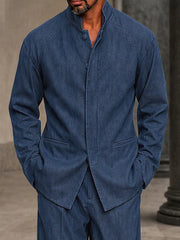 Stylish Faux Denim Hidden Placket Jacket Set