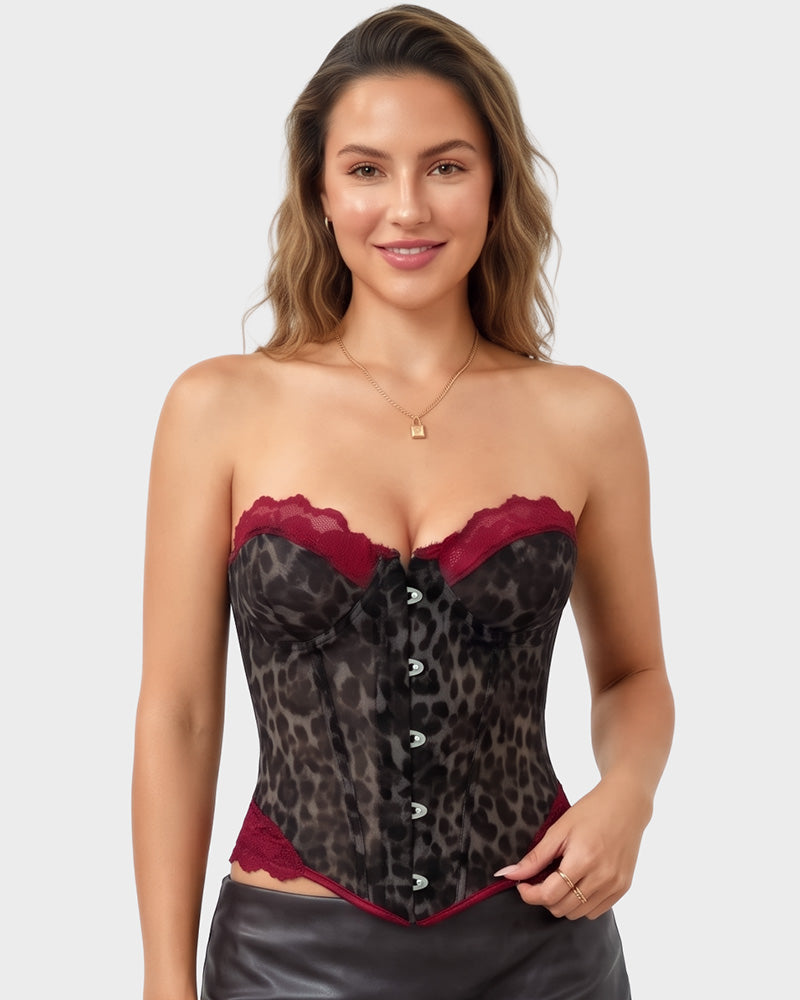 Sheer Mesh Lace-Trim Front-Hook Overbust Corset - view 13