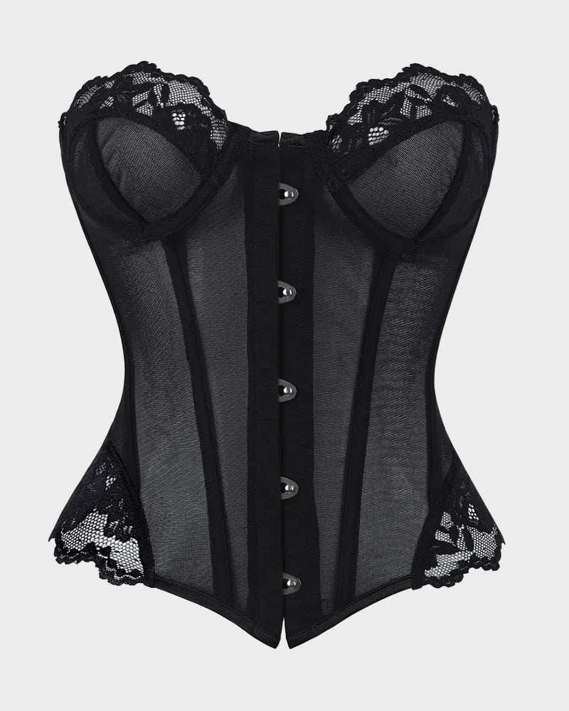 Sheer Mesh Lace-Trim Front-Hook Overbust Corset - view 18
