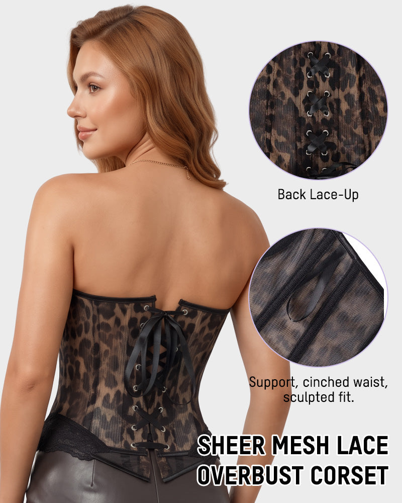 Sheer Mesh Lace-Trim Front-Hook Overbust Corset - view 2